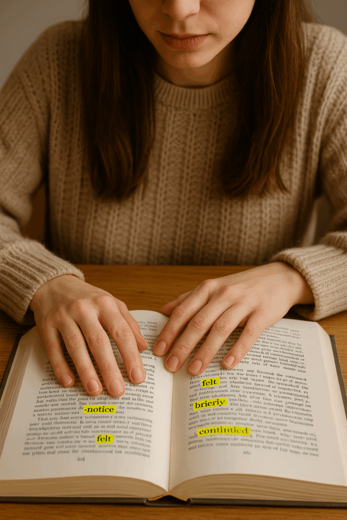 A student reading an English book with frequently highlighted words, symbolizing high-frequency vocabulary learning.