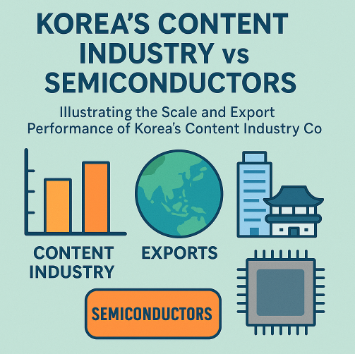 A flat-style infographic comparing Korea’s content industry and semiconductor industry, featuring a bar graph, traditional Korean architecture, and modern symbols on a globe.